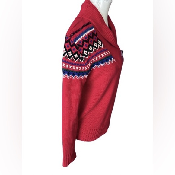 Cotton Ralph Lauren Toggle Women's Red Sweater Fair Aisle Pattern Christmas - Picture 7 of 9